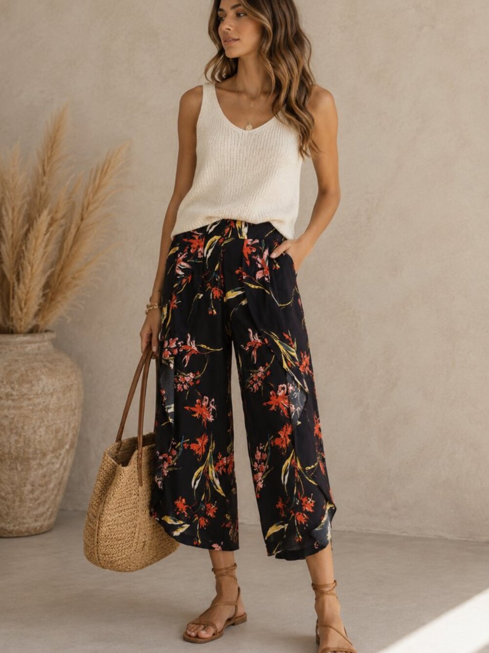 Leith Floral Wide Leg Culottes Capri Pants Size Medium